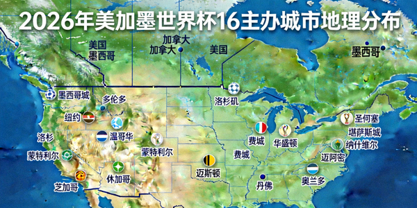 2026年美加墨世界杯三国16个主办城市地理分布示意图